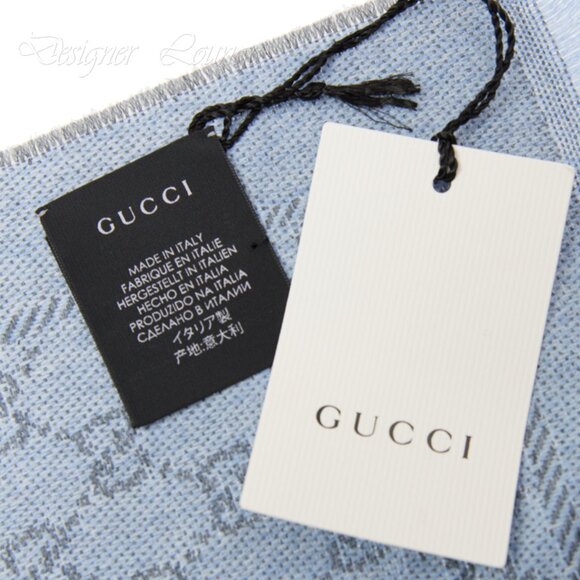 NEW GUCCI Grey Blue Wool GG Monogram Reversible Stencil Scarf $520 Authentic - Picture 11 of 12